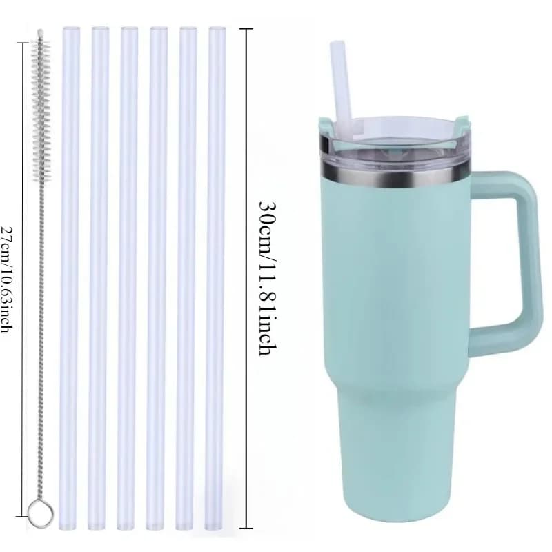 6 reusable 30 cm reusable straws with cleaning brush, PE transparent straws for food, heat resistant, suitable for 40 ounces cups