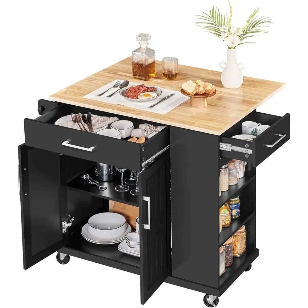 Carrello da colazione portatile in legno di gomma con vano portaoggetti, ripiani aperti, portasciugamani rimovibile, 2 cassetti, nero