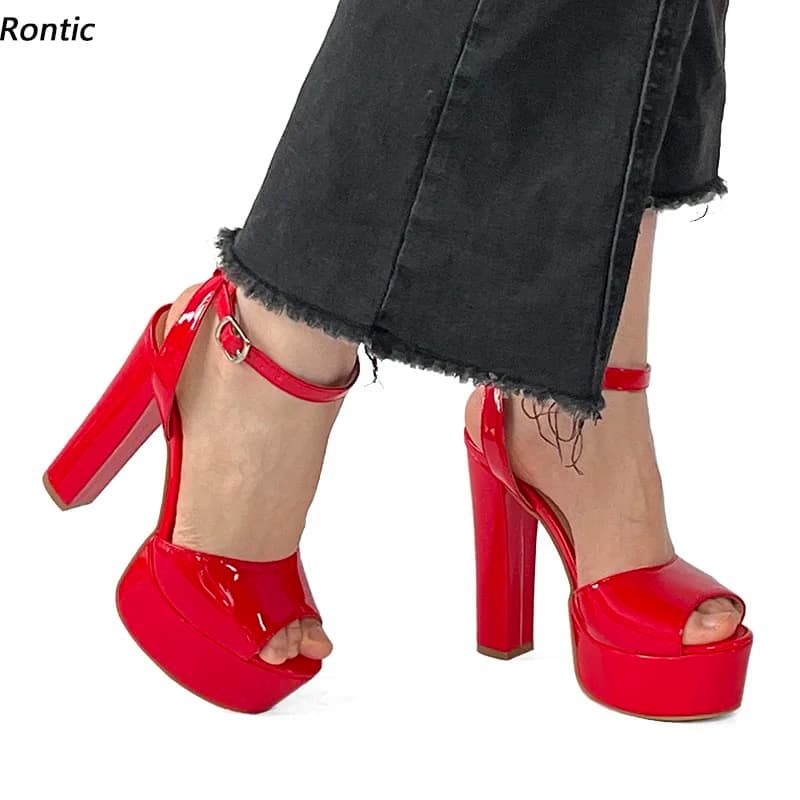 Rontic Handmade Women Platform Summer Sandals Ankle Strap Block High Heels Peep Toe Nice Red Green Dress Shoes US Size 5-20