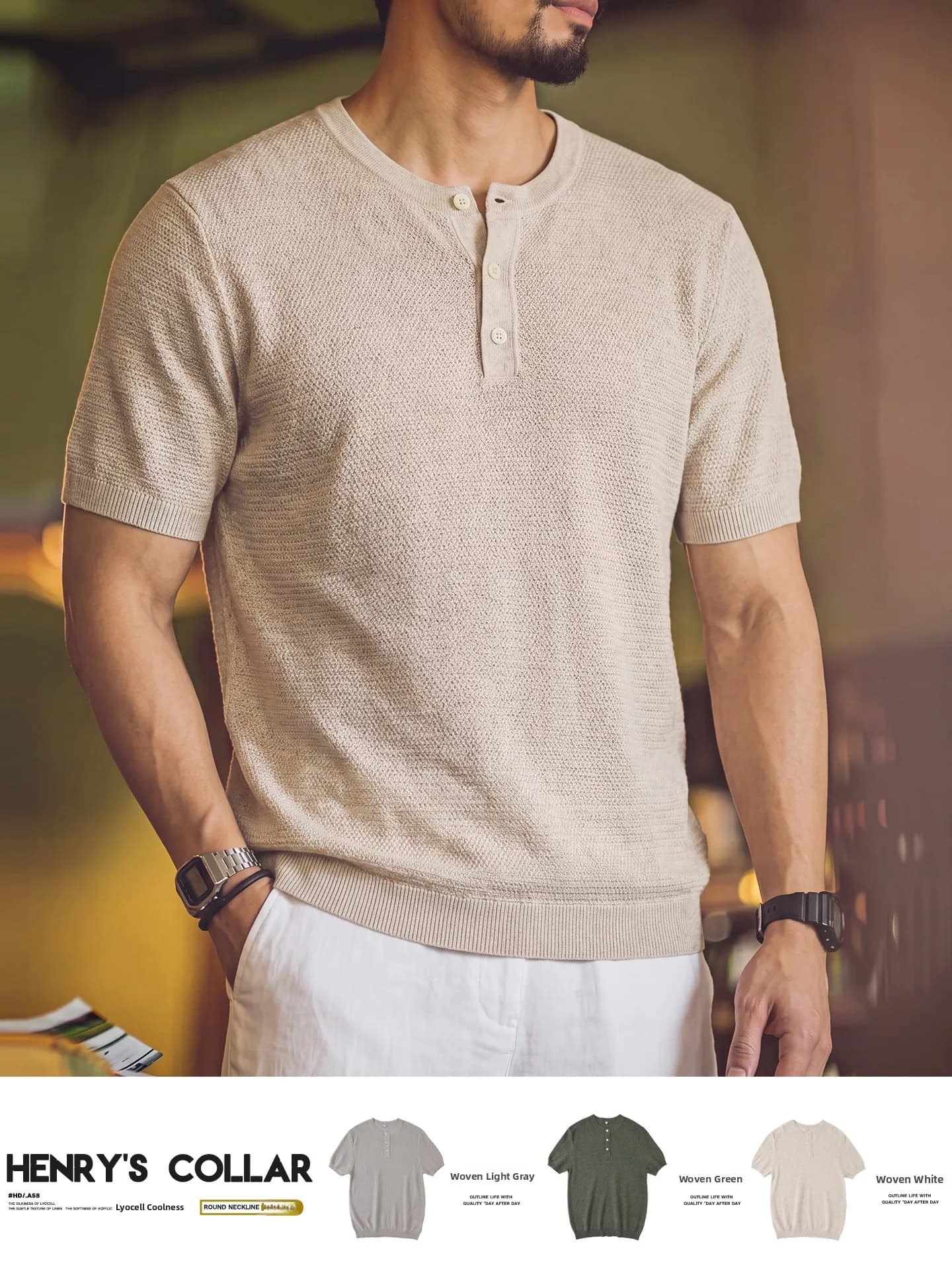 Italian Retro Knitted Short Sleeve Henry Collar Linen Cool Sensation Lenzing Breathable Commute Top for Men Summer Casual T-S...
