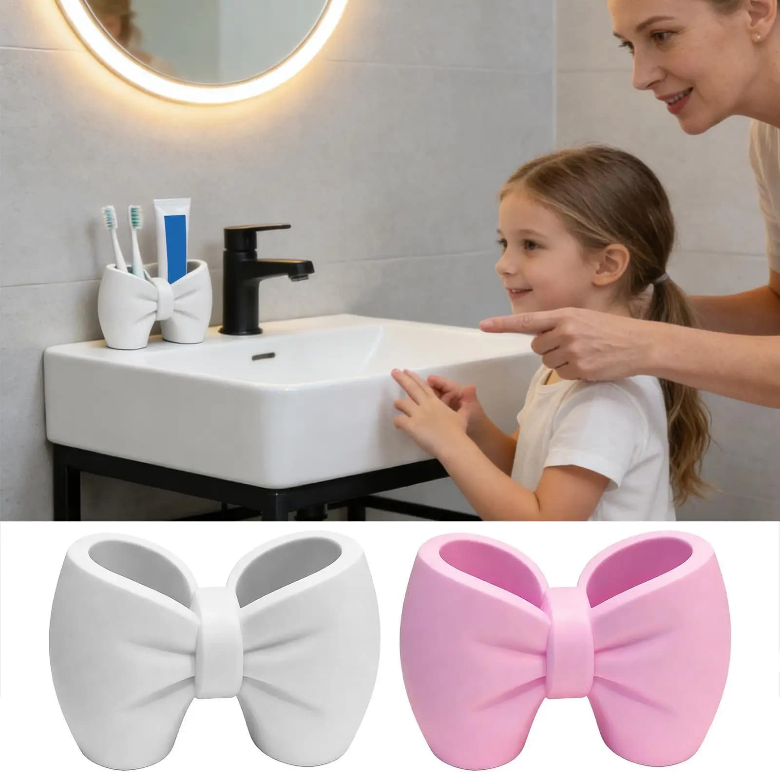 Bow Shape Toothbrush Holder Cute Makeup Brushes Holder Shaver Organizer Rack 3D Printing Double-basin Toothbrush Toothpaste Rack