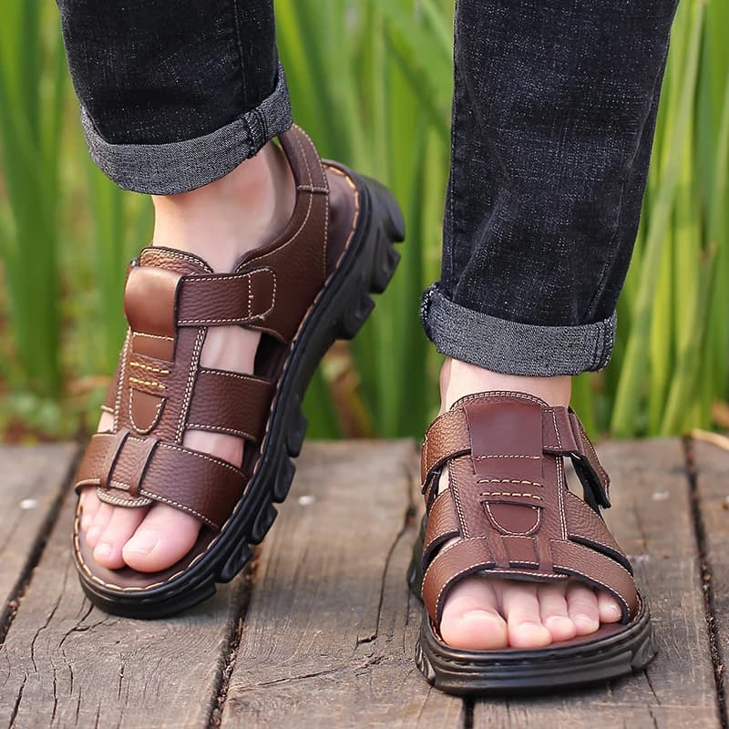 Sandali Estivi da Uomo in Pelle Bovina Nera/Marrone, Scarpe da Spiaggia, Sandali Romani 2026, Ciabatte da Esterno, Infradito da Spiaggia, per Trekking Acquatico