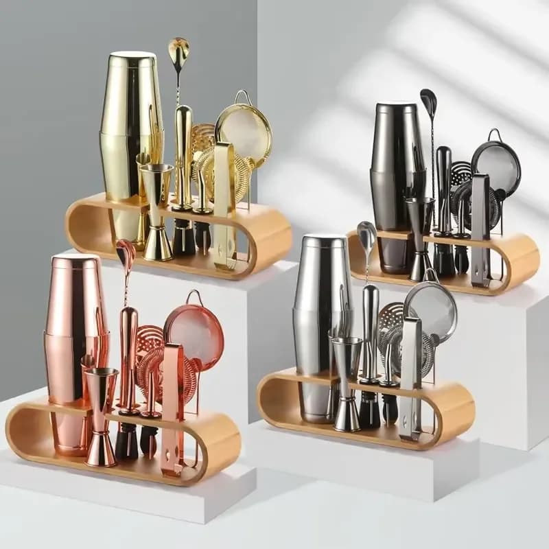 Stainless Steel Cocktail Shaker Set with Bamboo Stand Boston Style Bartender Kit Professional Bar Tools for Home Party Gift