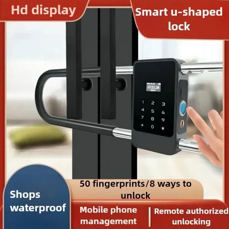 Serratura con impronta digitale, serratura a U intelligente per porta in vetro, adatta per vetrine di negozi, serratura elettronica con chiave, sbloccabile tramite Bluetooth