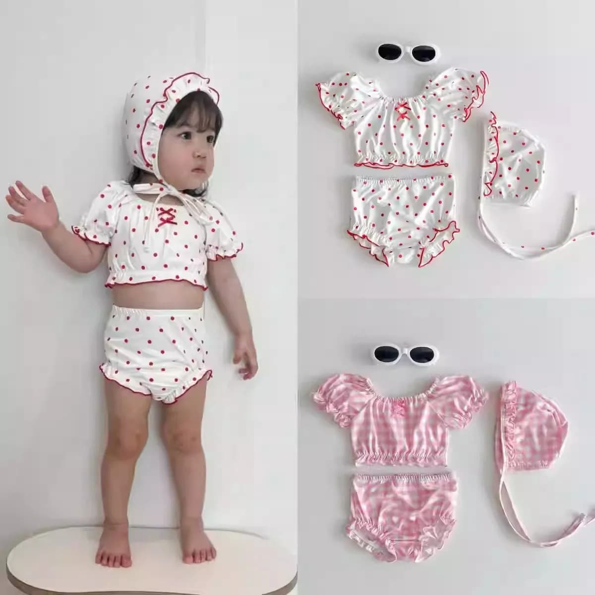 TZ2836 Adorabile Set da Bagno per Bambine, Costume da Bagno a Tre Pezzi con Cappello, Grazioso Costume da Bagno per Bambine
