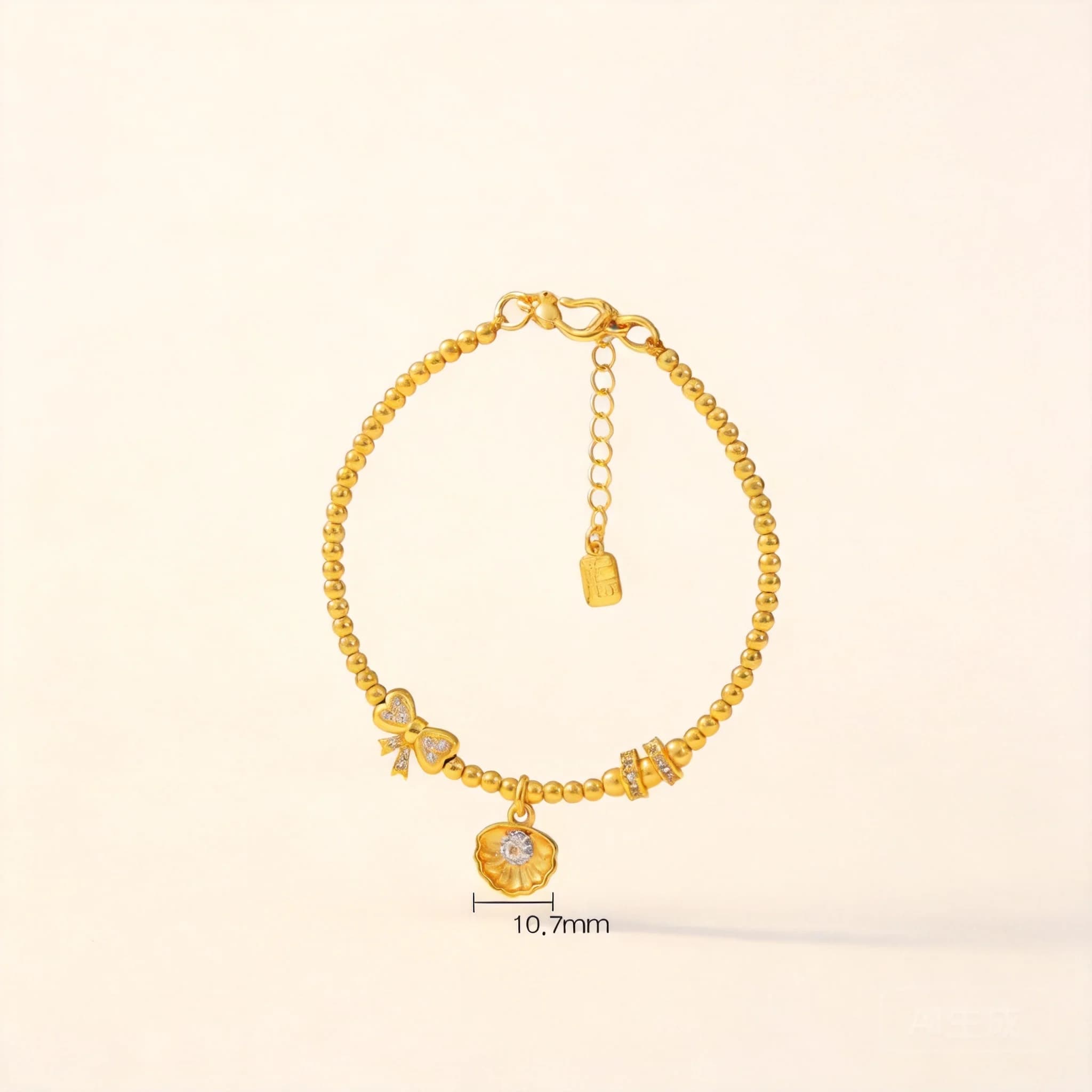 Bracciale portafortuna in stile cinese placcato oro 24k con perline e ciondolo a fiocco con conchiglia intarsiata CZ, regolabile, gioiello portafortuna per donna