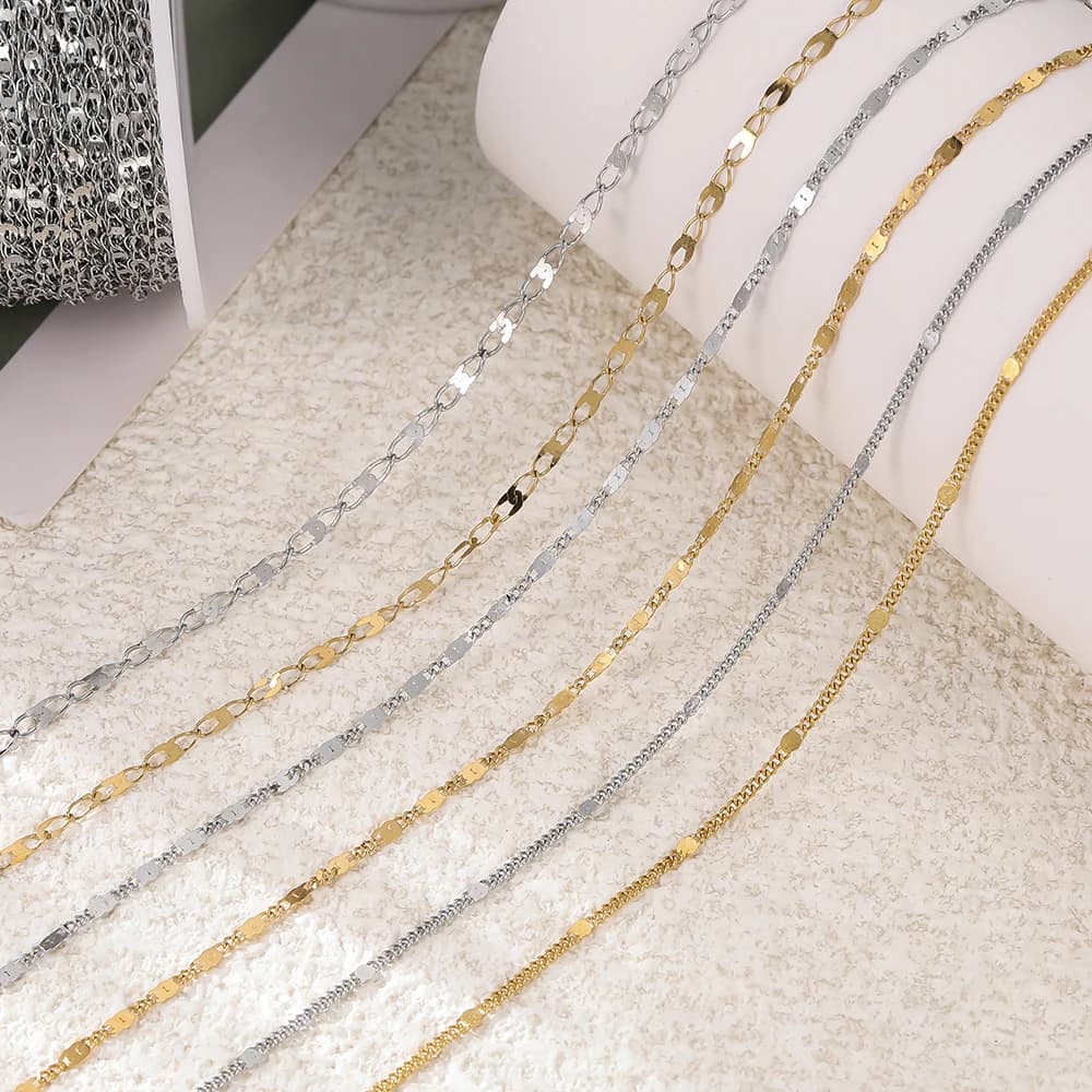Catena in Acciaio Inox da 1m per Saldatura, Dorata/Acciaio, con Anelli Piatti e Rotondi per Creazione di Gioielli Fai-da-Te, Bracciali, Collane e Choker