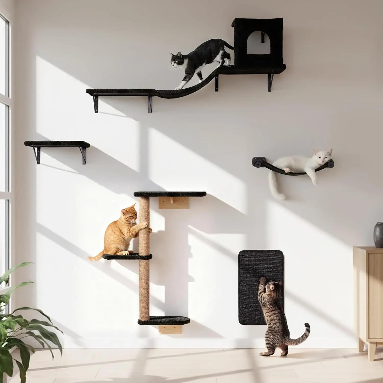 Mobili per gatti da parete 5 in 1 con amaca, ponte, albero, tiragraffi e posatoio per gatti di taglia grande fino a 13,6 kg (30 libbre)
