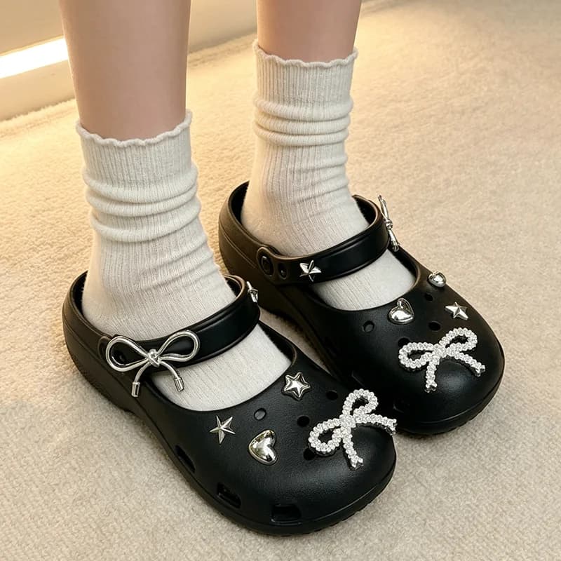 Luxury Rhinestore Bowknot DIY Ballet Clogs Women Summer 2026 Korean Thick Bottom Beach Sandals Comfortable EVA Jelly Shoes Women