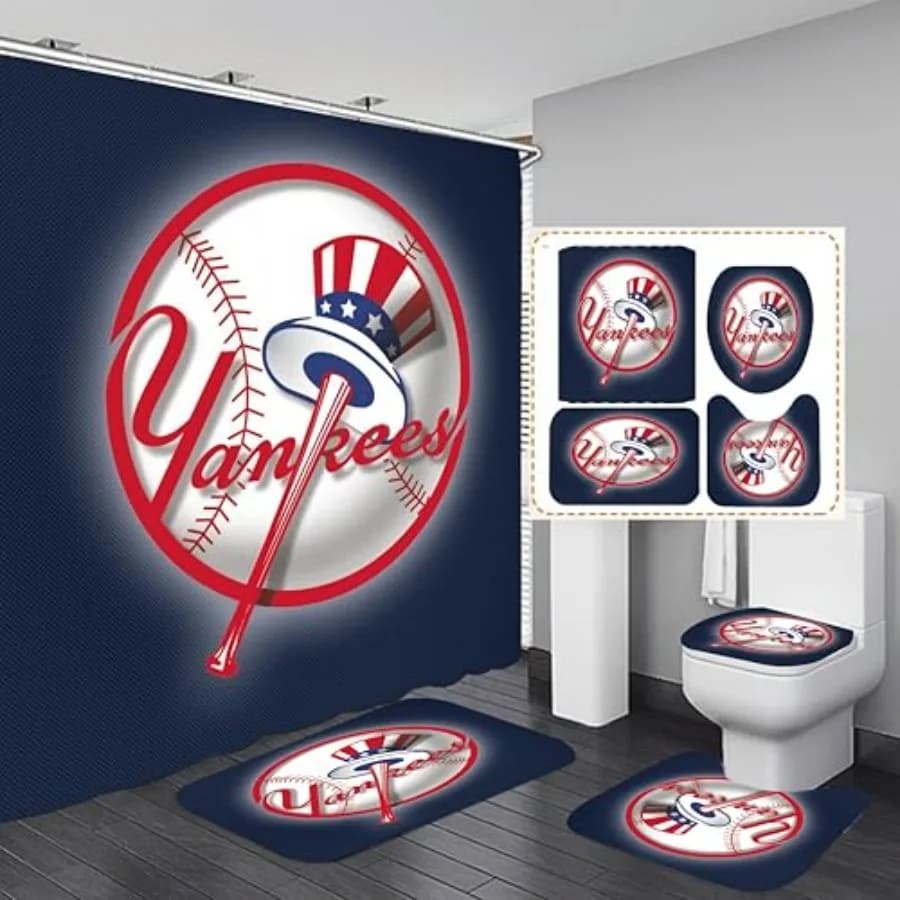 Set da Bagno New York Baseball 4 Pezzi: Tenda Doccia, Copriwater, Tappetino Antiscivolo, Tappeti Durevoli e Impermeabili per B