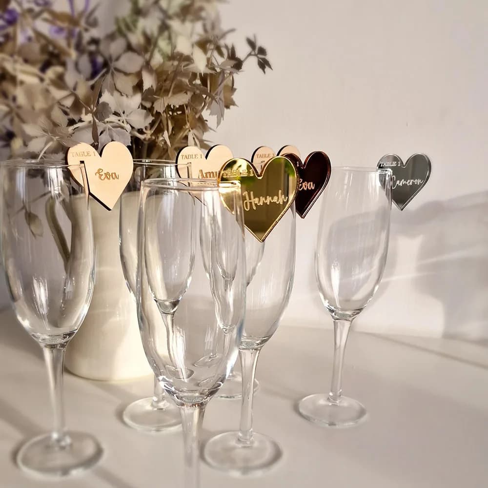 20/50/100 pezzi ciondoli per vino personalizzati decorazioni per la tavola di nozze cuore acrilico drink topper pennarello per vetro etichette per vino etichetta per cocktail specchio dorato
