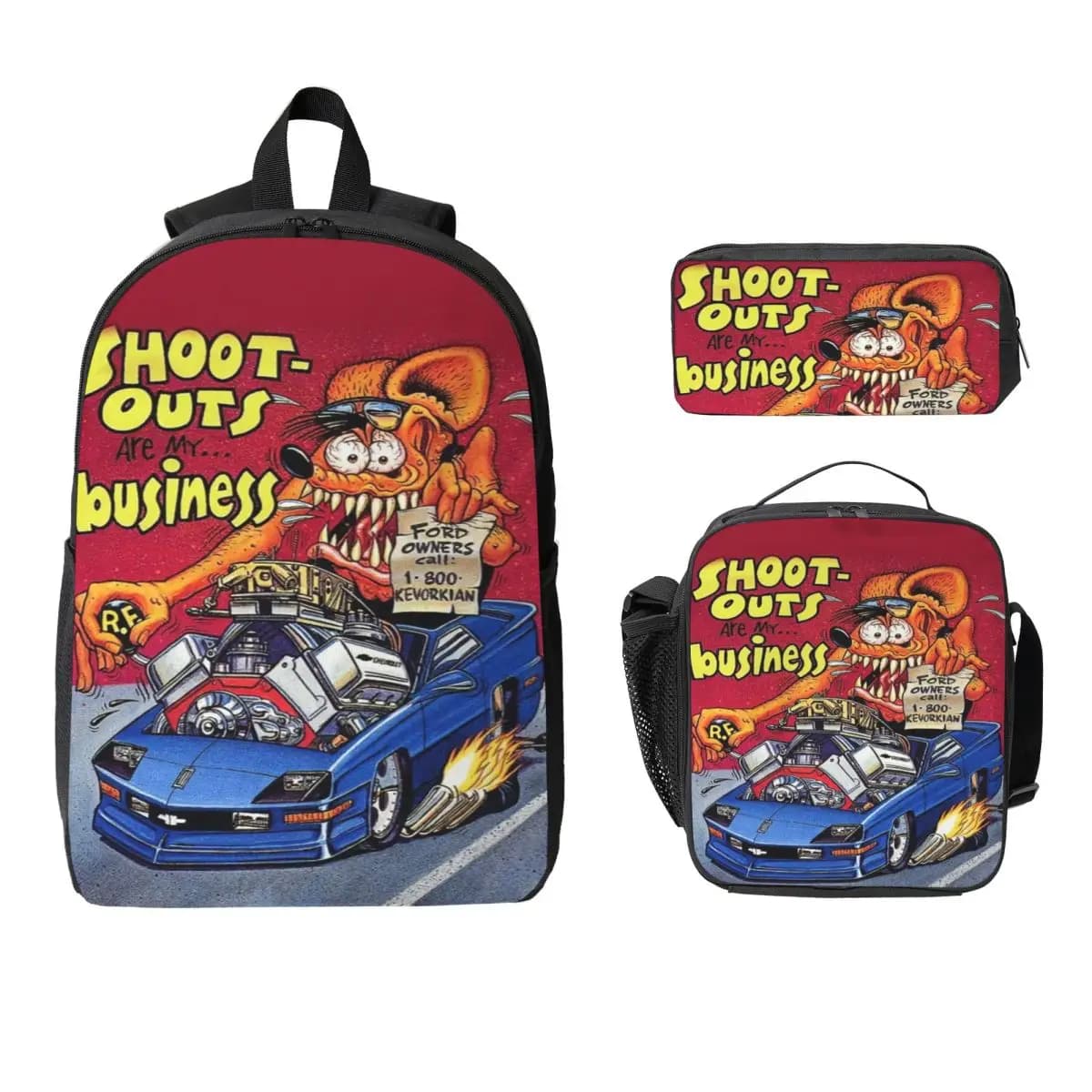 3Pcs Rat Fink Prints Backpack Set for Girls Boys Pencil Boxes Bookbag Sets with Lunch Box For School Students Daypack