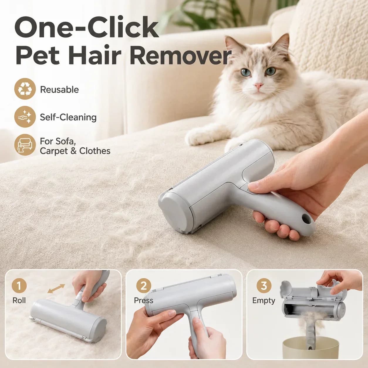 Reusable Self-Cleaning Pet Hair Roller, Lint Removal Brush for Clothes Carpet, De-Furring Tool for Dogs Cats