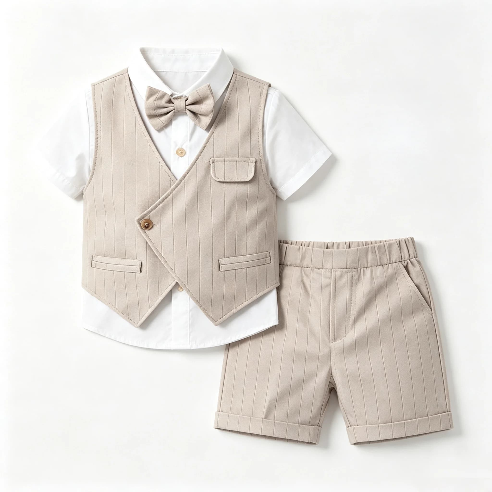 Baby Boys Khaki Striped Gentleman Suit 3 Piece Short Sleeve Shirt BowTie Vest Shorts Kids Formal Wedding Photograph Costume Set