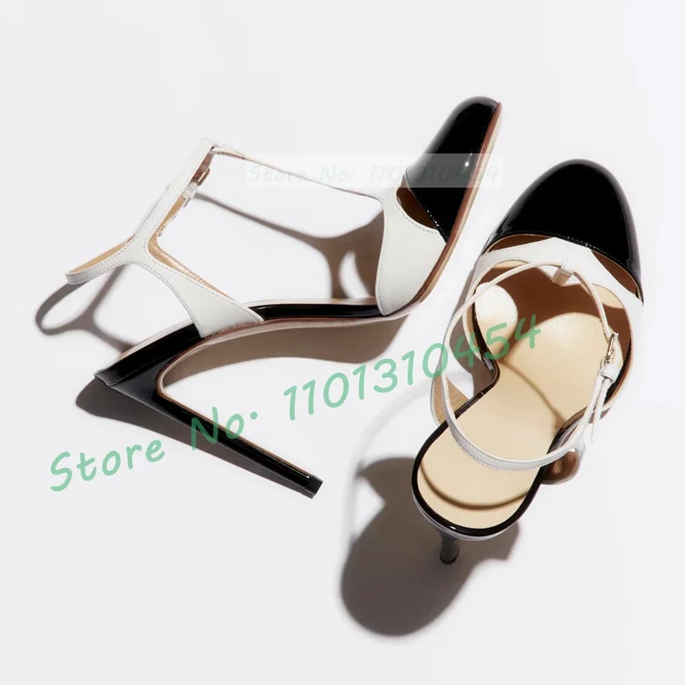 T-bar two-tone women's fashion Splicing round toe heels high shoes woman summer working sandals in luxury gold