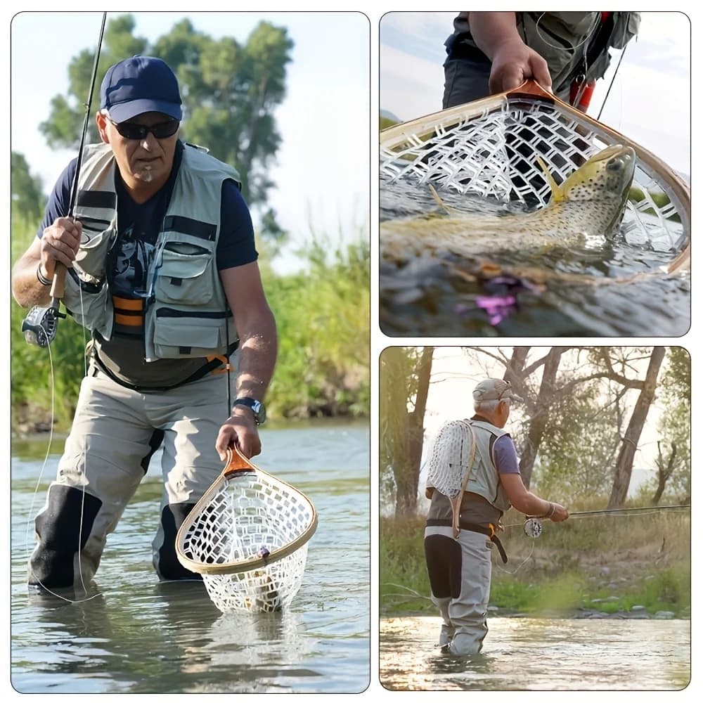 Goture Fly Fishing Net - Fish-Friendly Rubber Coated Mesh, Sturdy Wooden Handle with Safety Lanyard for Trout Catch & Release