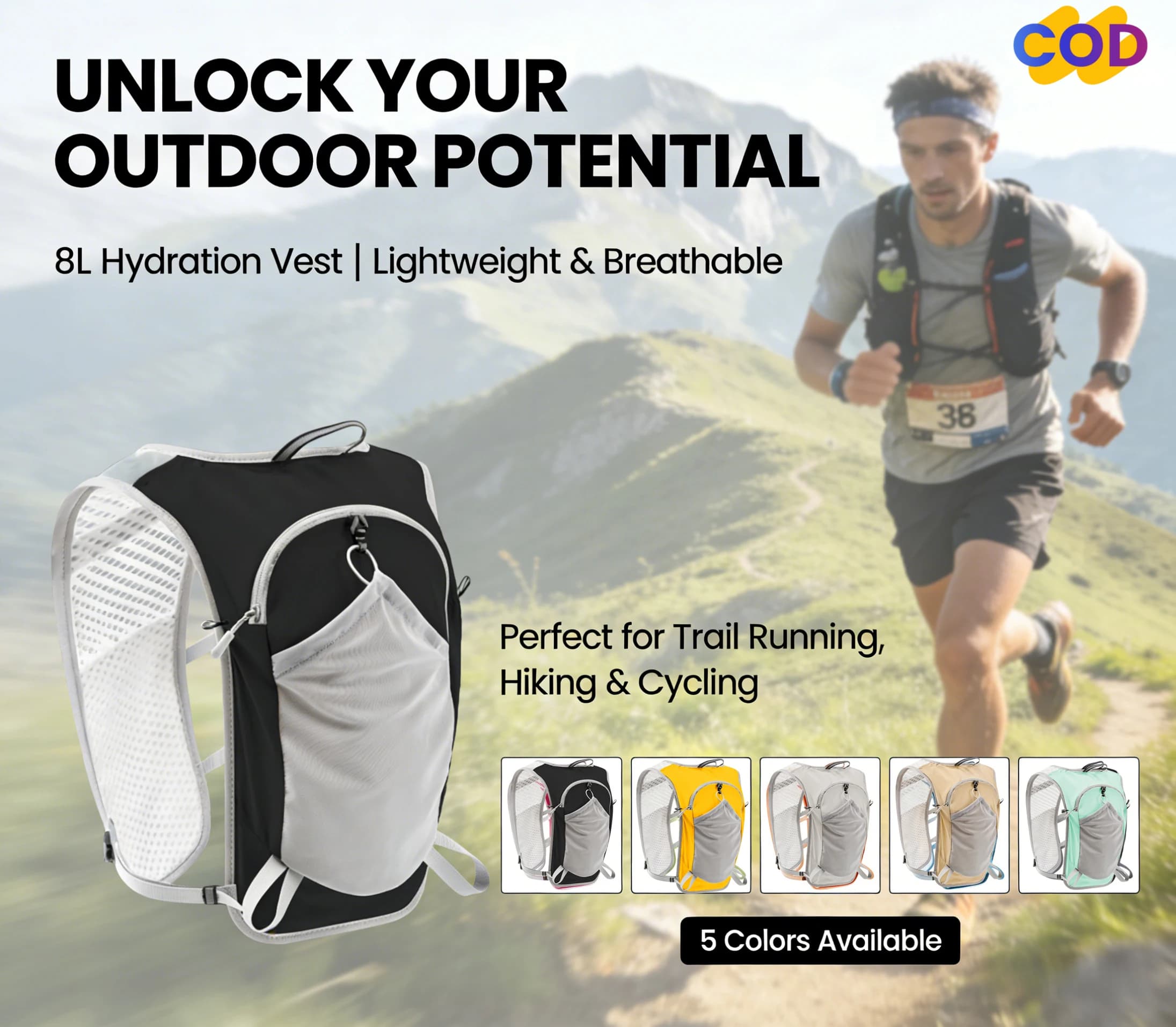 Trekking vest for Trail Running, 8L Reflective Backpack, Lightweight and Waterproof for Cycling and Sport