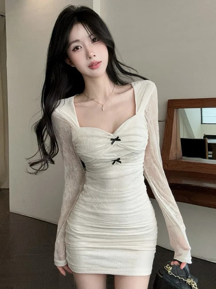 Pure Desire Style Women's Long Sleeve Lace Dress Slim Fit Spring Autumn New Tightened Pleated Knot Slimming Short S...