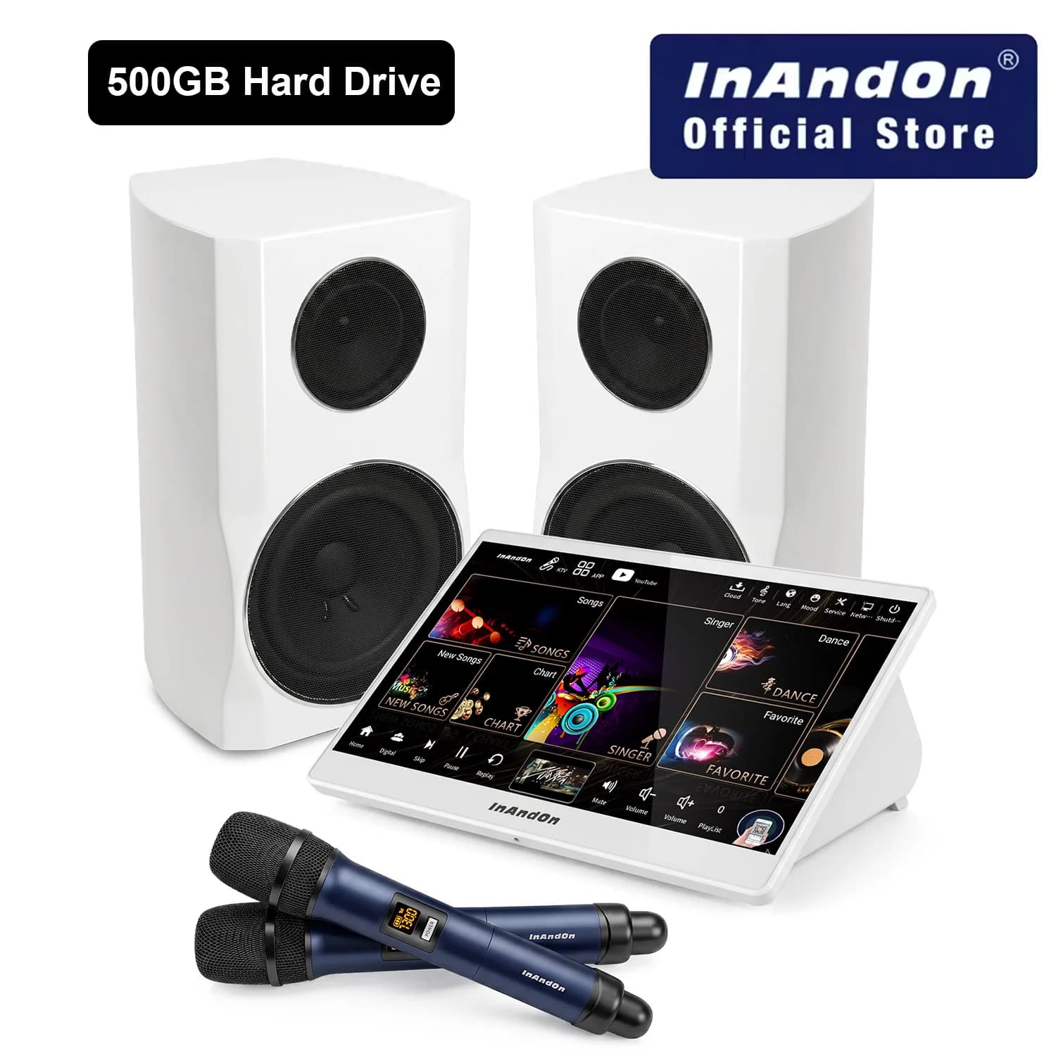 InAndOn KD9MAX 5in1 Karaoke Machine with Dual Speakers 500GB HDD 15.6'' Touchscreen System 2 Mics YouTube Bluetooth (White)
