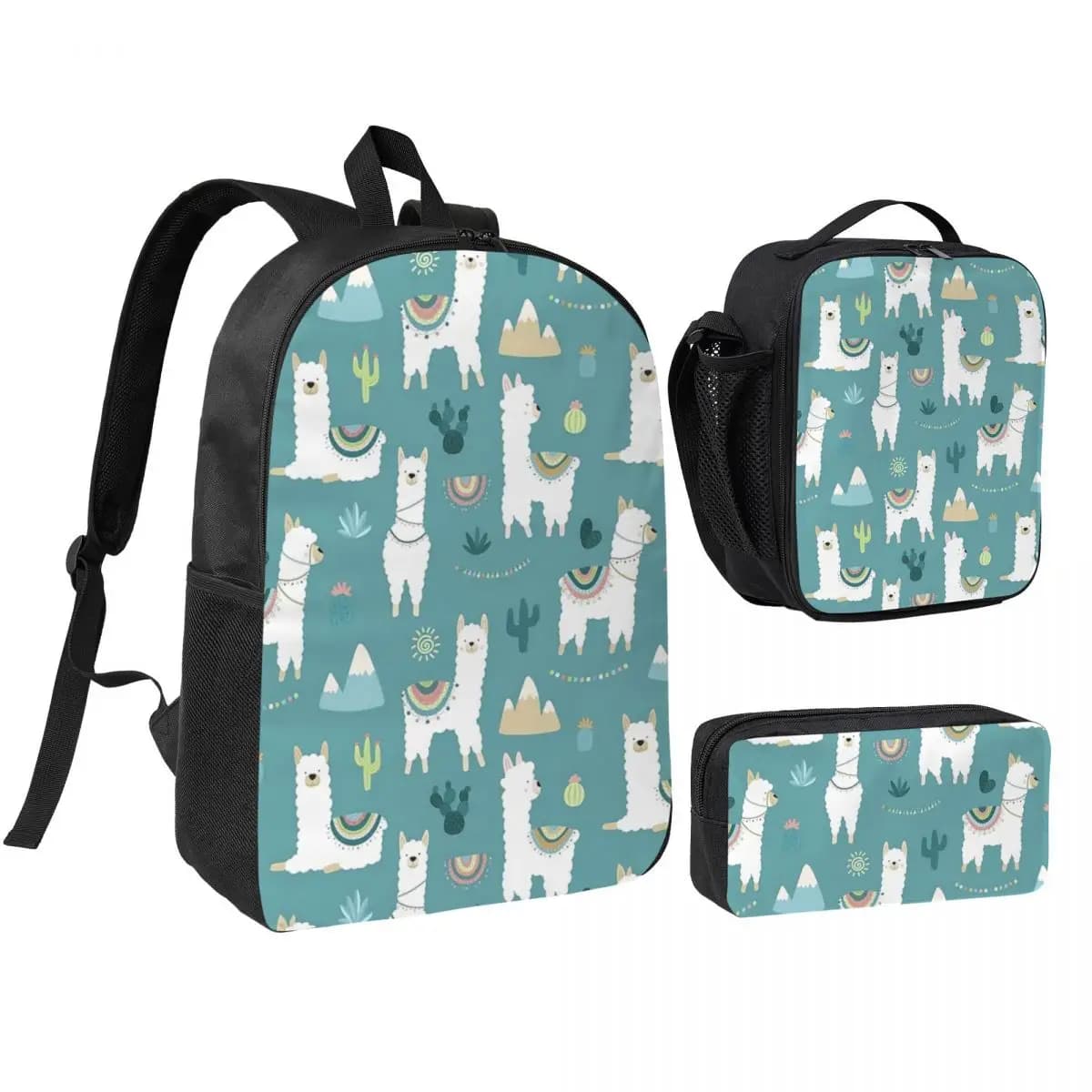 Zaino con animali Llama Alpaca, Borsa per libri per studenti, Borsa da scuola, Borse a tracolla, Set da 3 pezzi: Borsa termica per il pranzo, Astuccio