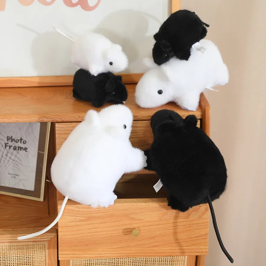 Peluche di Topo Morbido Simulato, Adorabile Cuscino a Forma di Ratto Bianco e Nero, Giocattolo Divertente, Regalo di Compleanno e Natale per Bambini