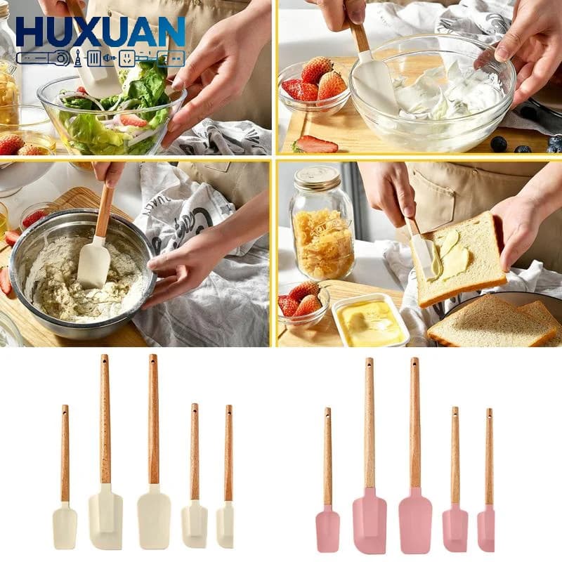 【NEW】5Pcs Cream Cake Silicone Spatula Wooden Handle Baking Pastry Scraper Blenders Non-stick Kitchen Dessert Baking Spatula Set