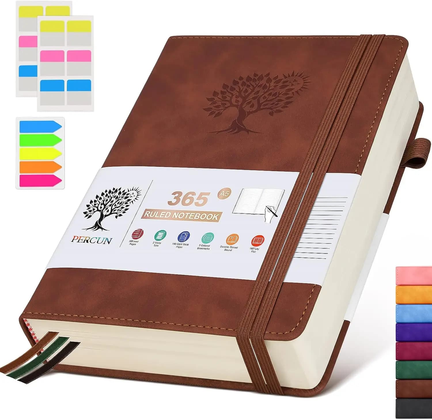 A5 Lined Journal Notebook - 365 Pages, Hardcover Leather, 100gsm Thick Paper, 180° Flat Lay, Travel Diary for Work & School (5.9" x 8.5")