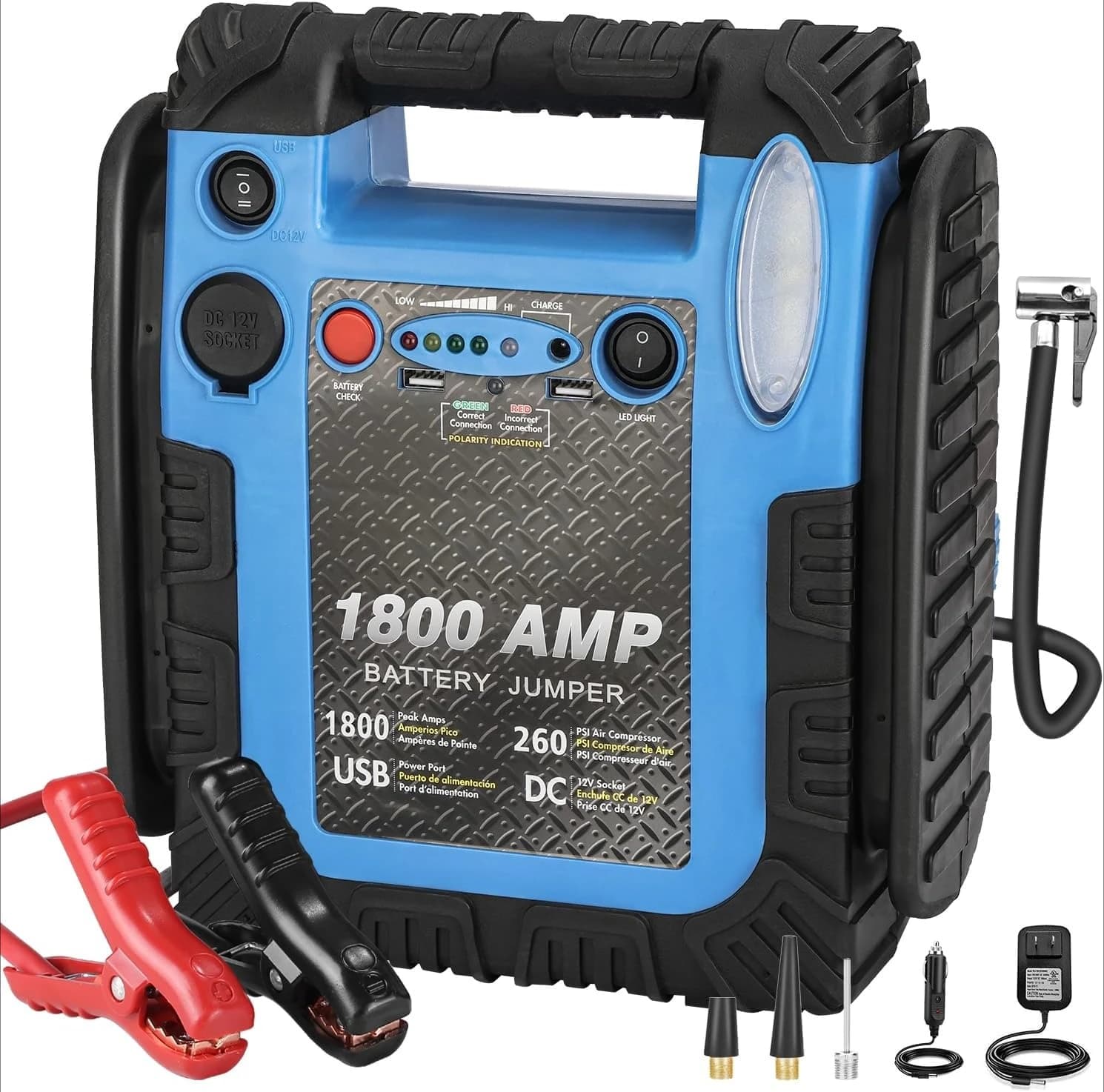 Avviatore di Emergenza da 1800 Amp con Compressore d'Aria, Gonfiatore Pneumatici 260 PSI, Batteria Auto 20000 mAh 12V per Batterie al Piombo-Acido