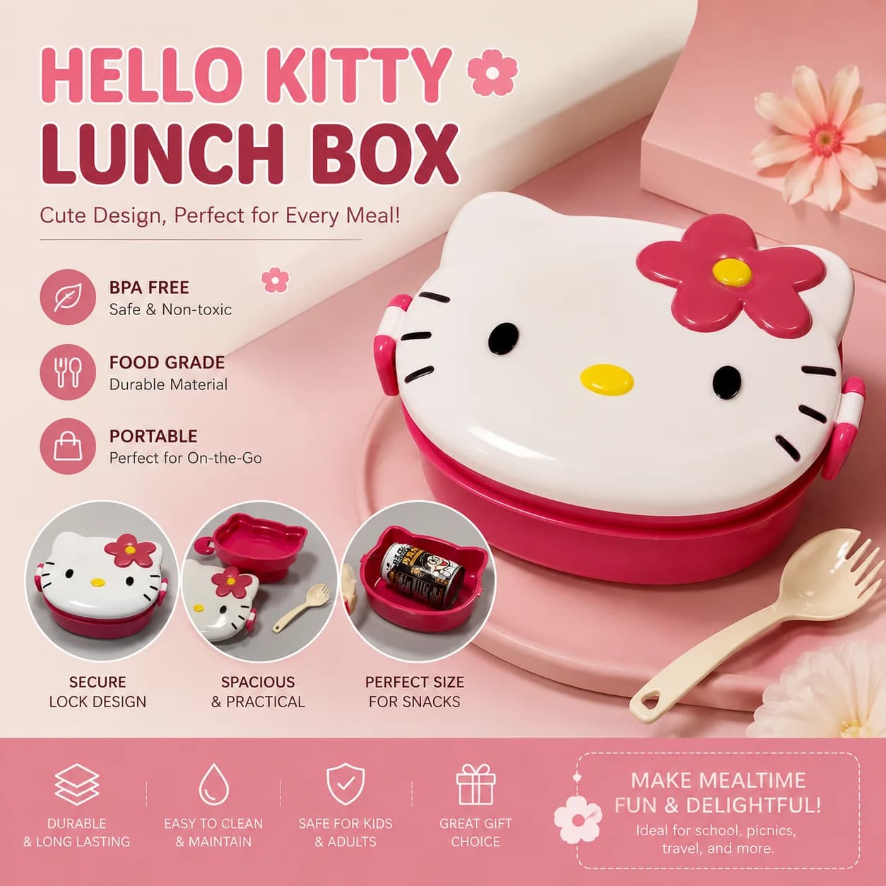 Cute Hello Kitty Shaped Lunch Box Portable Cartoon Bento Box With Spoon Fork Snack Food Storage Container Birthday Present