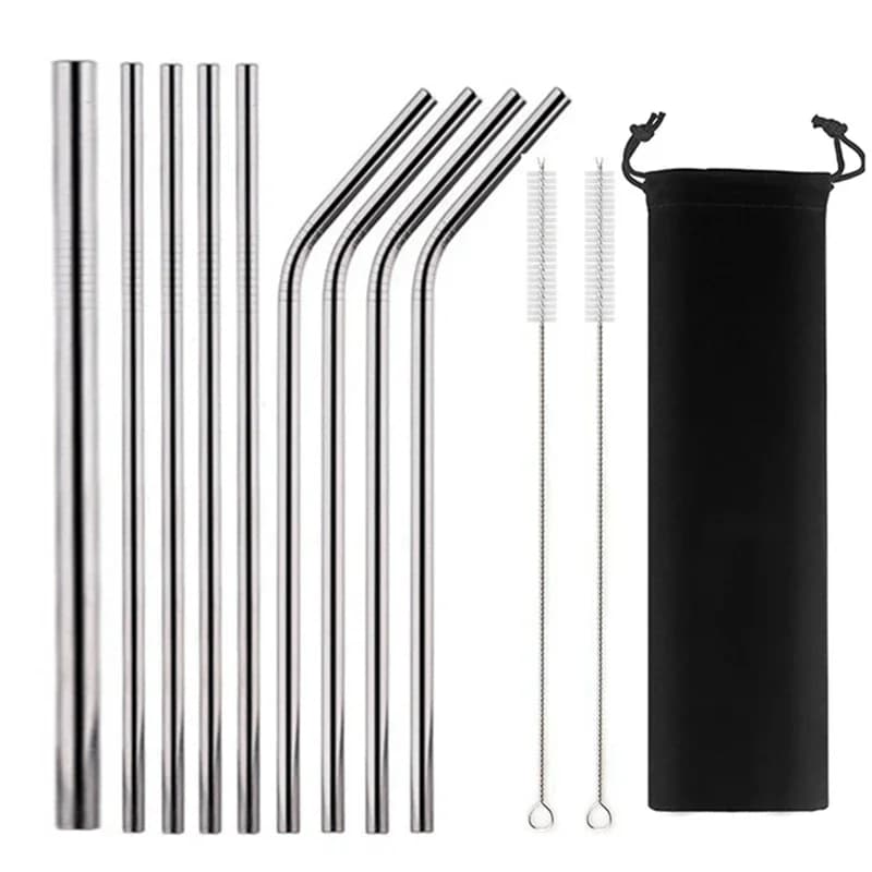 Set di cannucce riutilizzabili in acciaio inossidabile 304 con cannuccia metallica con spazzole per la pulizia Accessorio per feste con barra di paglia Boba piegata dritta