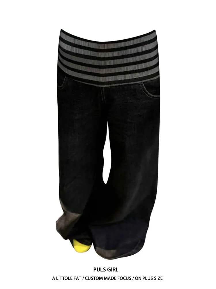 Pantaloni a Vita Alta e Gamba Larga per Donna, Jeans Casual Stile Americano Retro con Strisce e Dettagli Lavati