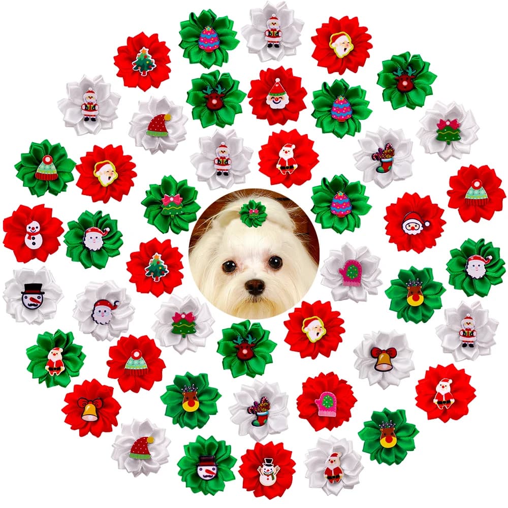 10PCS Puppy Bows Flower With Rubber Bands Handmake Dog Bows Christmas Party Pet Dog Grooming Accessories Pet Supplies