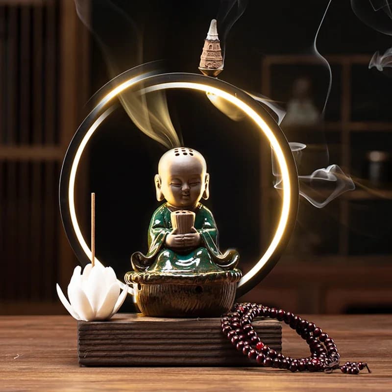 Diffusore di aromi in ceramica con bruciatore di incenso con luce a LED per meditazione, decorazione Zen per casa, ufficio, sala yoga, supporto per bastoncini a cono di riflusso