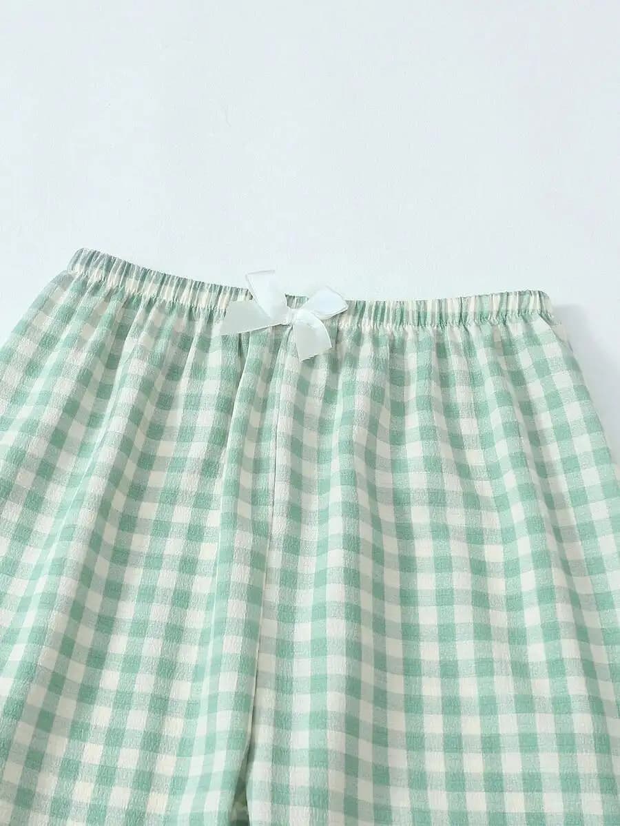 Set pigiama a quadri da donna con dettaglio fiocco, comodo e casual per primavera, estate, autunno e inverno