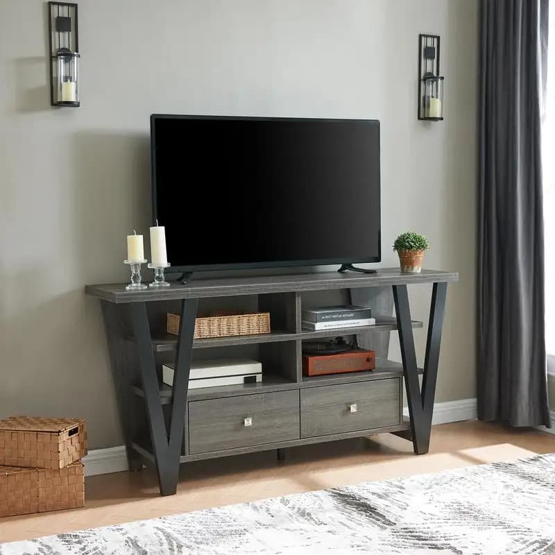 Mobile porta TV alto con 2 cassetti su scivoli in metallo, maniglie con pomelli quadrati in metallo e 2 ripiani divisi - Design moderno per