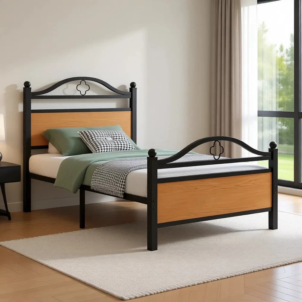 Metal double bed base with headboard, LED lights, USB ports, silent mattress and container under the bed