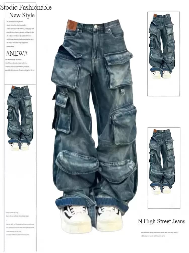 Jeans larghi cargo blu da donna tasche multiple Y2K American Harajuku stile anni 2000 streetwear pantaloni jeans vintage hip-hop 2025
