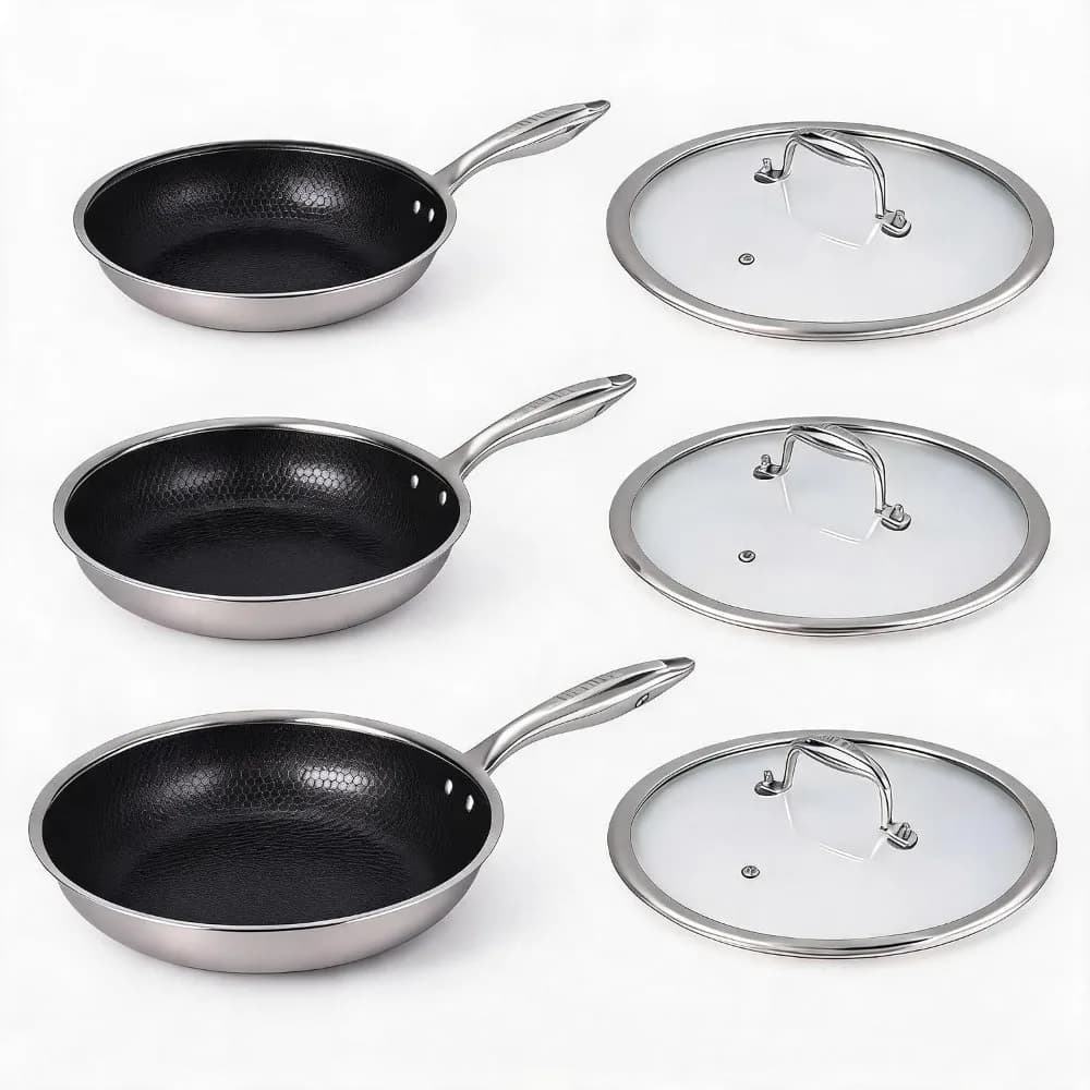 6 PCS Stainless Steel Frying Pan with Lids Induction Nonstick Cookware Sets Compatible with All Cooktops 8/10/12 inch