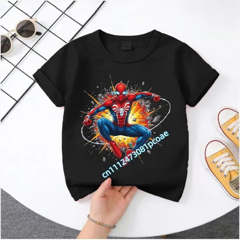 T-shirt estiva, top casual, maglietta sportiva per bambini in puro cotone a maniche corte con stampa cartone animato di New Spider-Man.