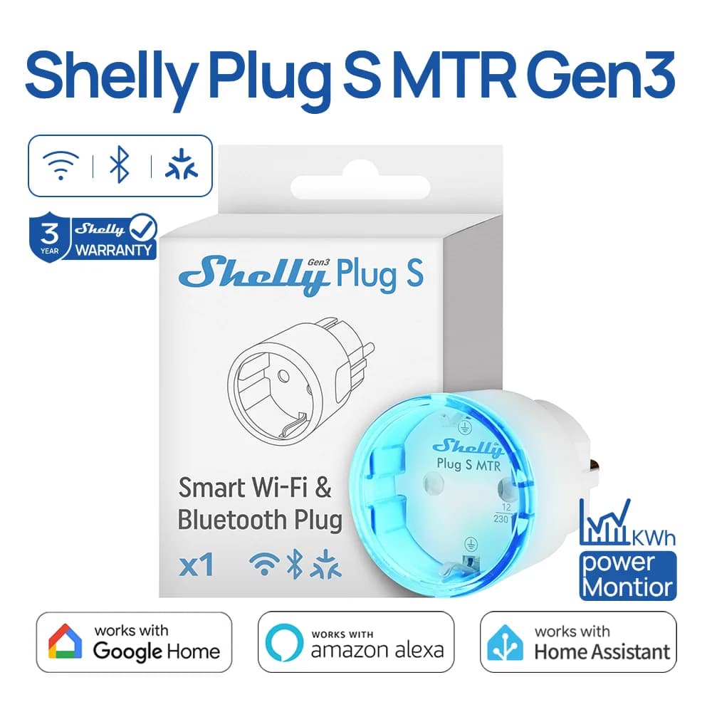 Smart Grip Shelly Plug S MTR Gen3 Compatible with Matter, Monitoring Consumption, Multicolor Indication, Bluetooth, Alexa, Google Home