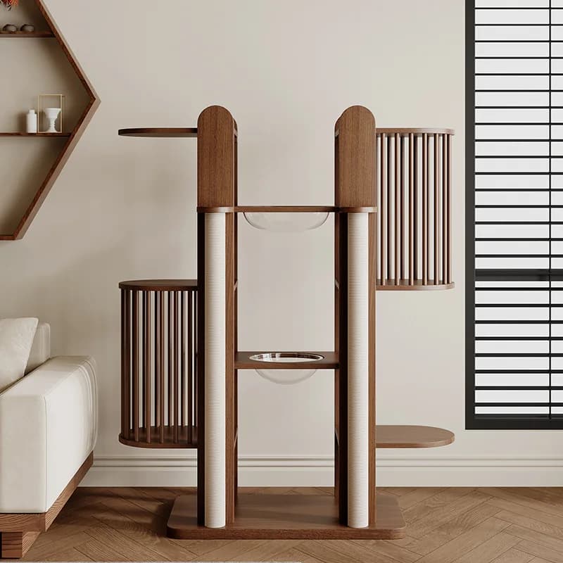Struttura da arrampicata per gatti in legno massello nido albero integrato grande Maine multi-gatto casa in noce multi-gatto piatto da salto