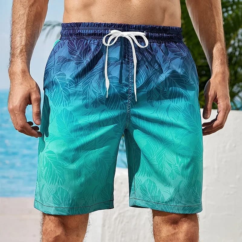 Pantaloncini da spiaggia da uomo con motivo a gradazione graduale, pantaloncini da surf colorati con stampa 3D, pantaloncini larghi casual estivi per le vacanze, pantaloncini da surf HV