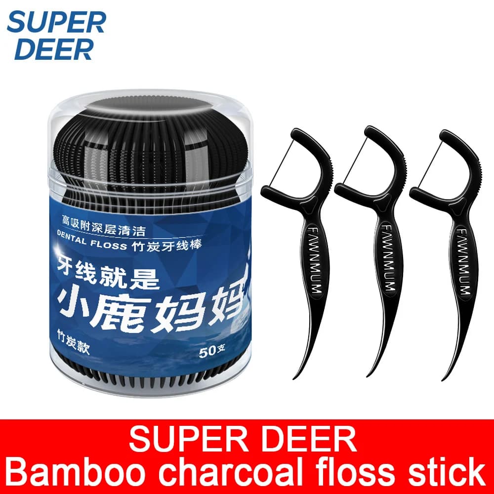 Fawnmum Pulizia dentale Carbone di bambù Filo interdentale Picks Spazzola interdentale a canna per la cura dei denti Stuzzicadenti con filo orale