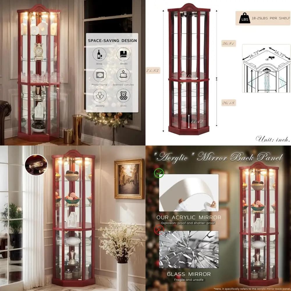 Cherry 72 Tall Lighted Glass Curio Cabinet with Adjustable Shelves, Tempered Glass Door, Wine & Liquor Storage