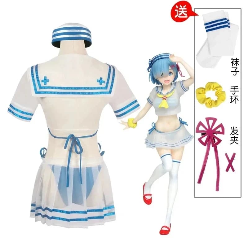 s;3'c\5/b'Illustration Re:Life in A Different World From Zero Rem Cosplay Costume Girl Wig Sailor Suit Cute Swimsuit T3'f,6\b;8/