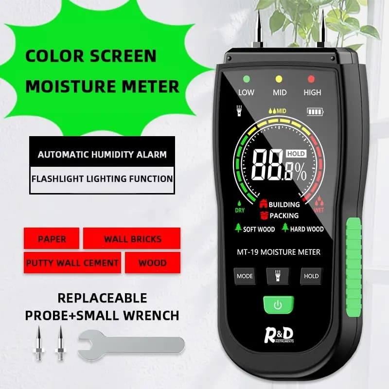 1PC MT19 Schermo a colori Misuratore di umidità del legno Tester di contenuto di umidità della parete Rilevatore di umidità del cartone Tester di umidità del mattone di cemento