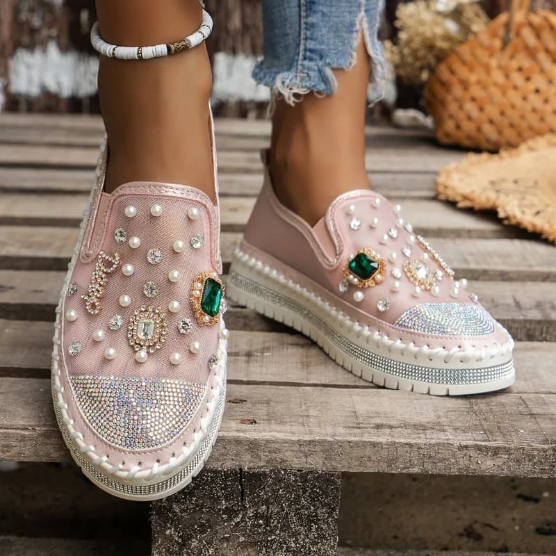 Flat white shoes with plateau and round pointed elegant style for women Mocassini with thick slip-on sole in net with breathable spring/summer rhinestones