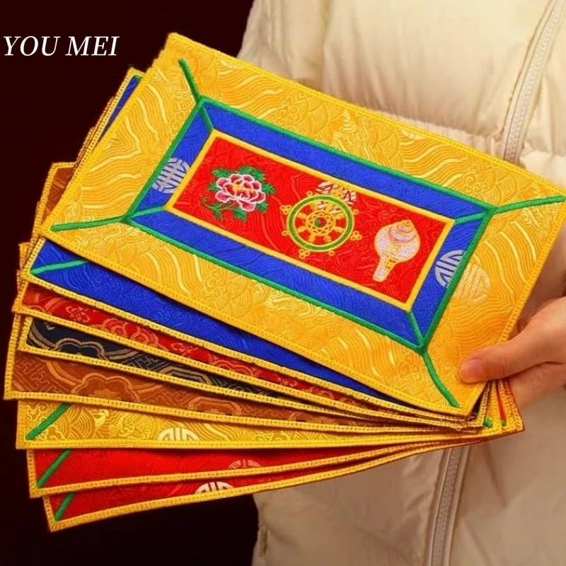 Nepal Hand-Embroidered Conch Mats,Tibetan Auspicious Symbols Vase Bell Pestle Mats,Instrument Vajra Square Mats Buddhist Item