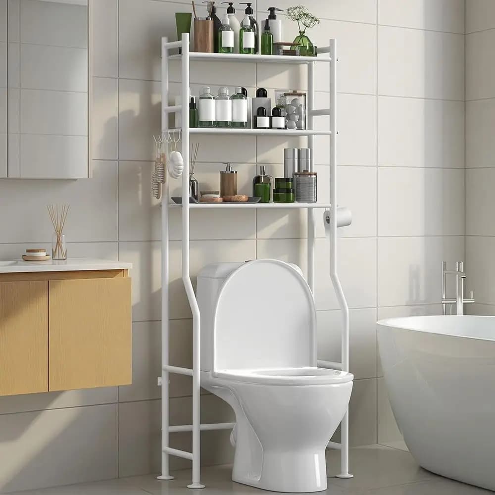 Organizzatore da Bagno a 3 Ripiani Sopra il WC con Portarotolo e 4 Ganci, Scaffale Alto 64 Pollici in Acciaio al Carbonio per Risparmiare Spazio in Bagno o Lavanderia