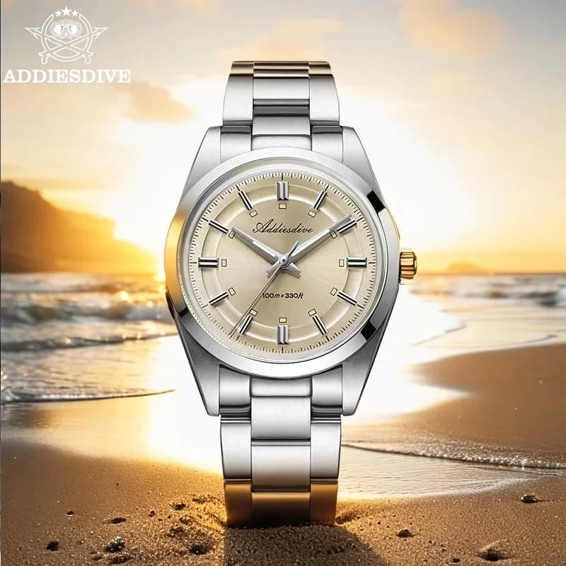ADDIESDIVE Men's Watches 36mm Quartz AD2515 BGW9 Bright 100m Waterproof Stainless Steel 316L VH31 Wrist Watch Dress 2025 New